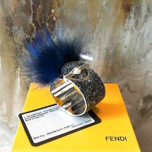Fendi Blue Crystal Fox Fur Silver Cuff Bracelet